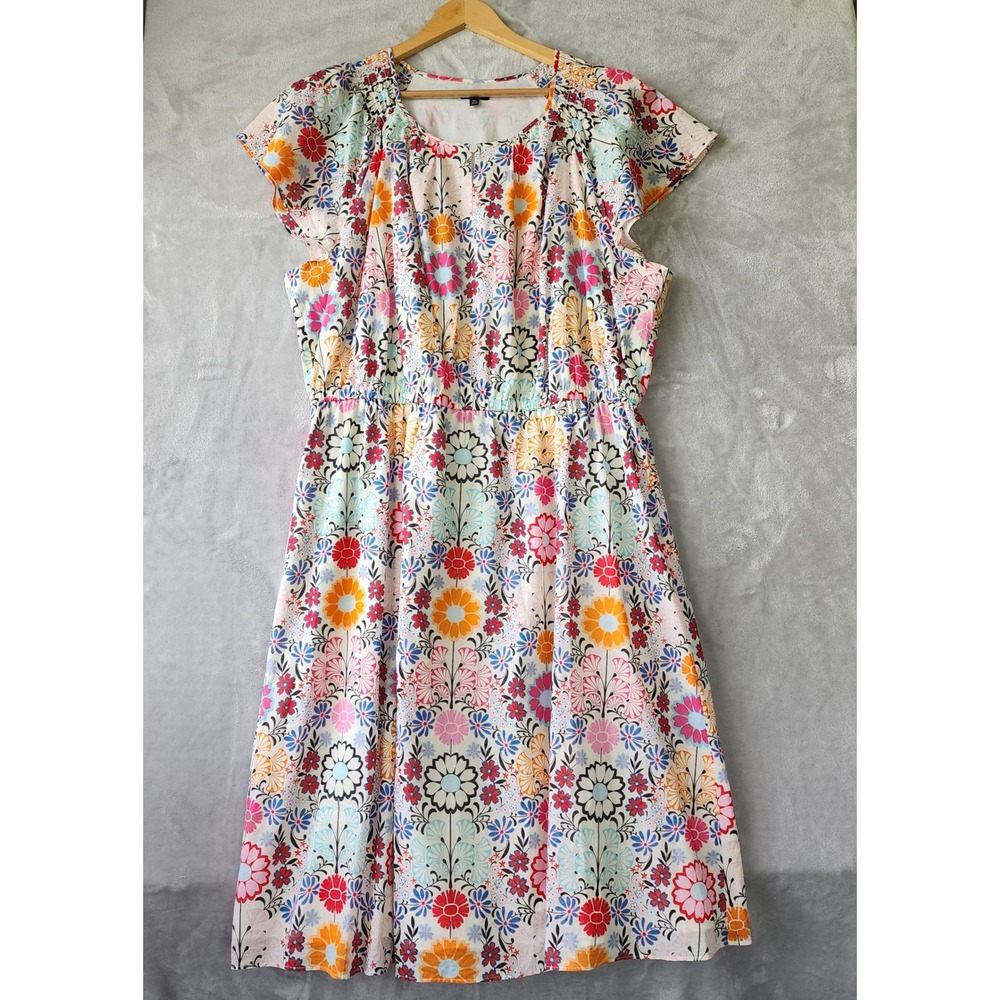 Talbots Dress Size 18W Vibrant Color Floral Cotton Flutter Sleeve Elastic Waist